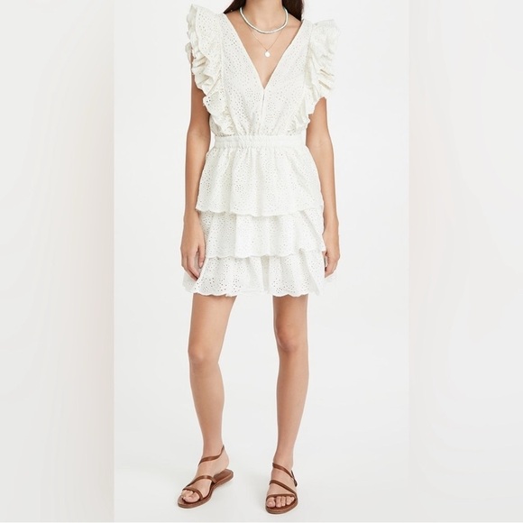 LOVE THE LABEL M Ecru Eyelet Ruffle Tiered Mini 100% Cotton Plunging V Neck $295 - Picture 1 of 15